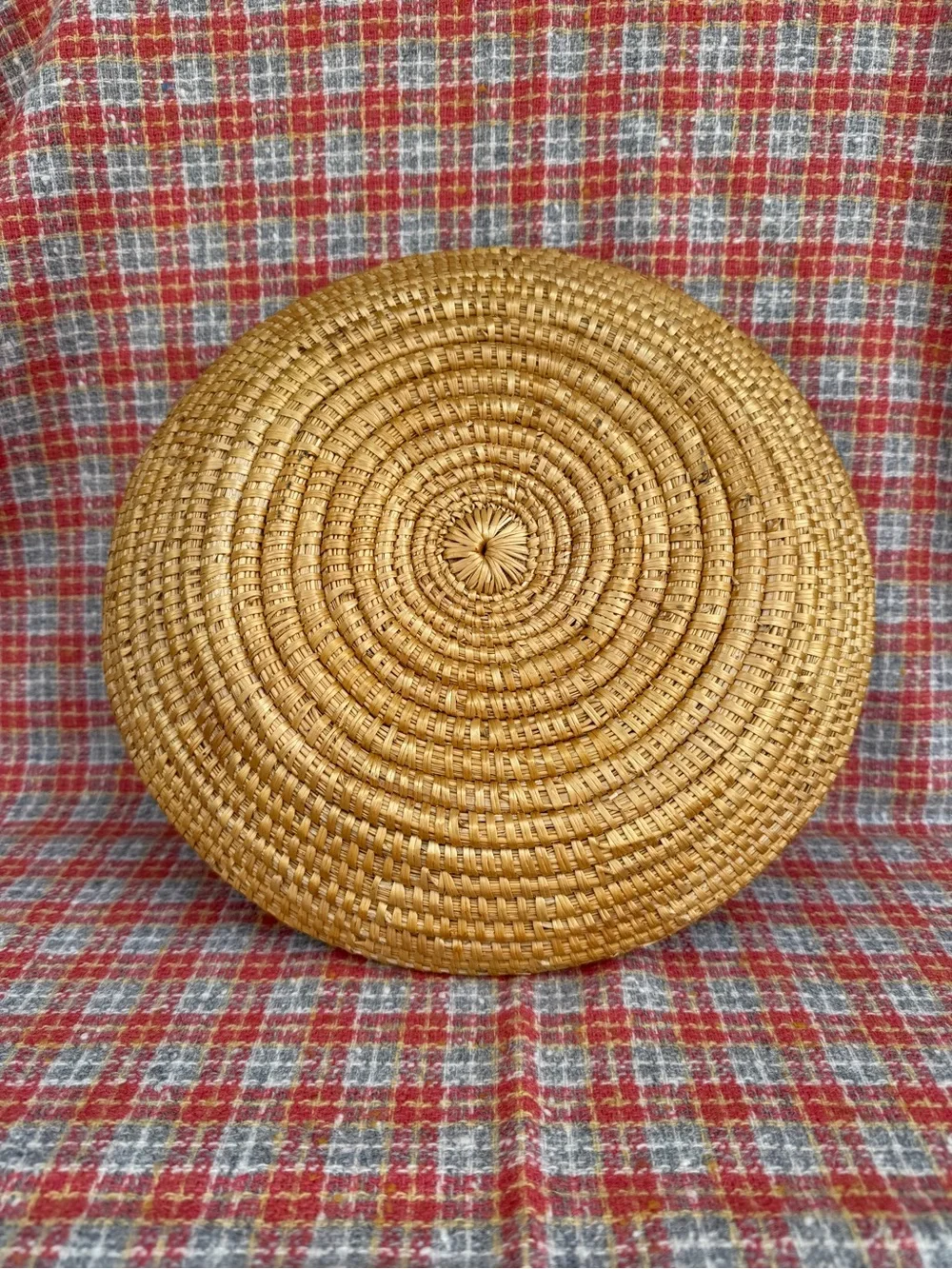 Vintage coiled woven straw basket tray round boho wall decor